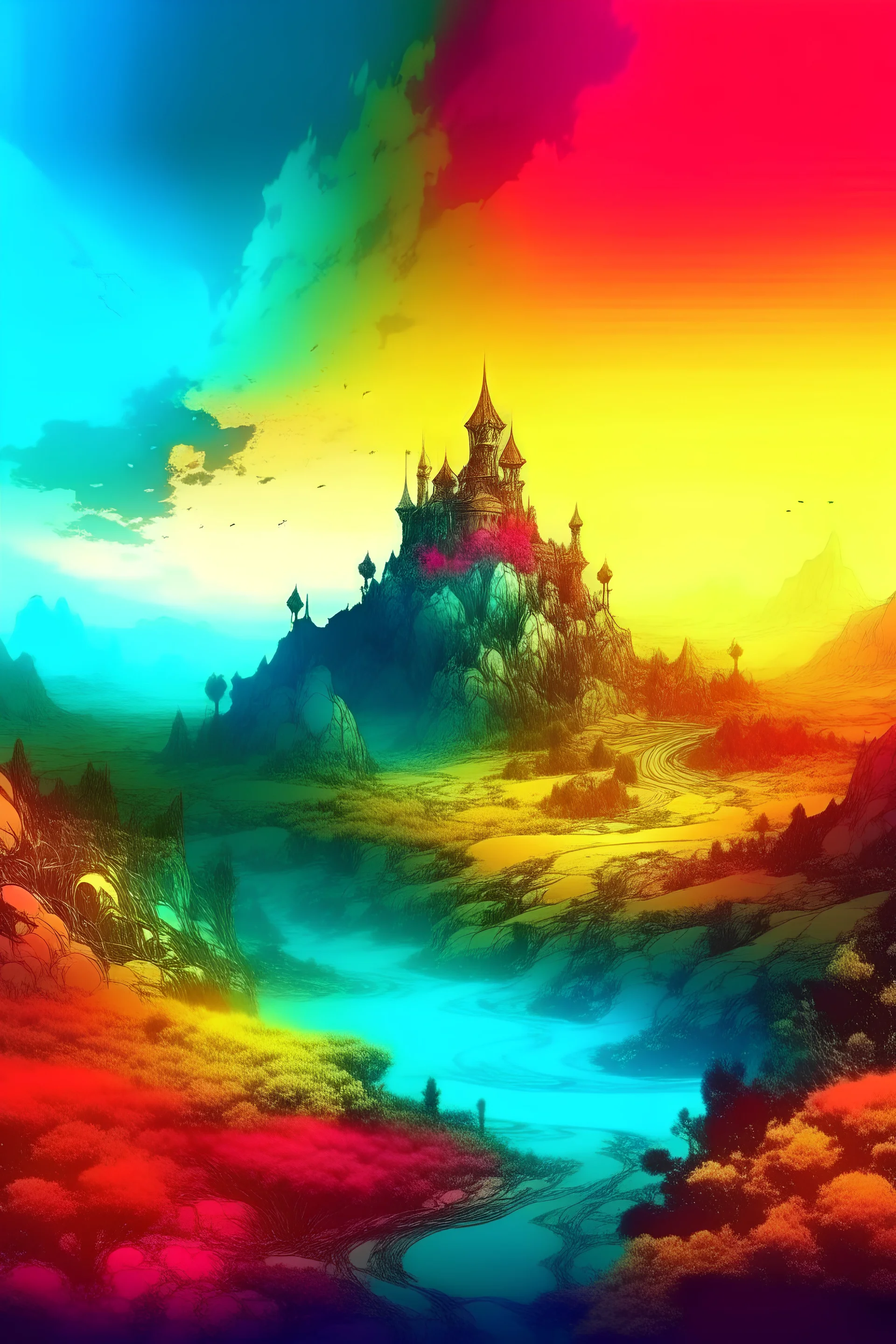 4k traditional multicolor ink of a fantasy landscape