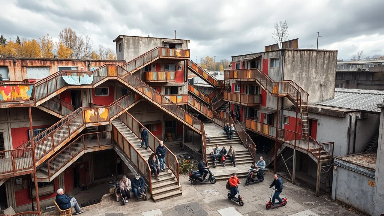 A social housing complex with complex spatial arrangements and non-linear pathways: exterior walkways that intersect diagonally and ramps that ascend without apparent order, all in a seemingly controlled chaos. Materials include rusted metal mesh, exposed concrete, and plywood painted in primary colors. The setting is an industrial suburb with abandoned warehouses and a stormy autumn sky. Numerous people are present: elderly people sitting on steps, teenagers on scooters, and a man walking a dog