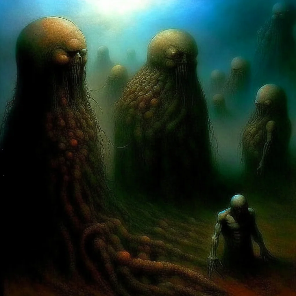 Unfathomable lore of fiends, art from beyond, nightmare art from Zdzislaw Beksinski, creepy, complex contrast, dynamic diagonal composition,