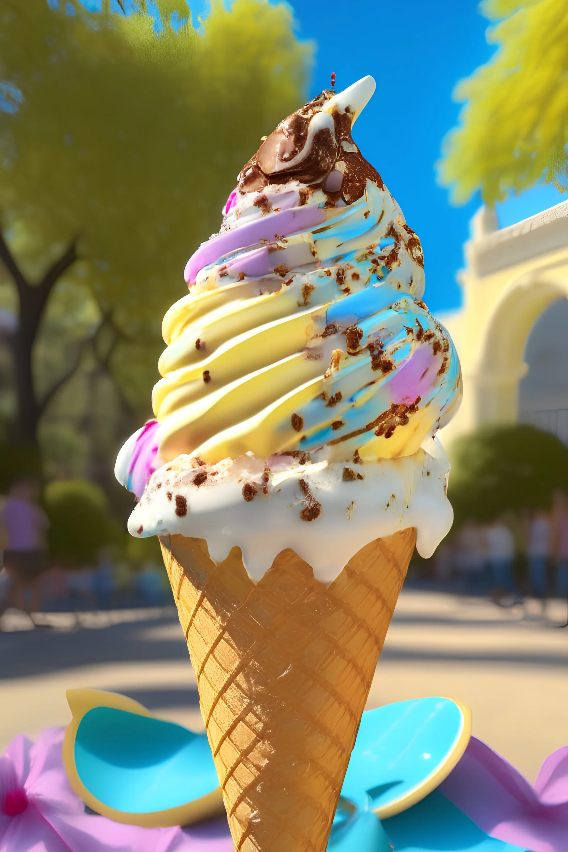 extravagant luxury icecream with extras, on sunny day, bokeh, vibrant color, 8k, RTX, realistic, 3D, Salvador Dali, Alma-Tadema