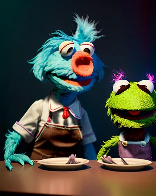 hybrid character, waitress woman with monster muppet mask that covers her entire head, retro style, Sesame Street style, smooth, unreal engine 5, god lights, ray tracing, RTX, lumen lighting, ultra detail, volumetric lighting, 3d.