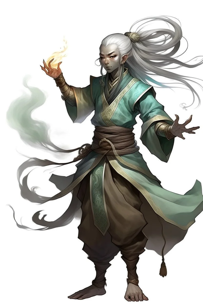 Air genasi from dnd with ashesen skin and asian flowing hair herematerial smoke Monk attire with ash giant