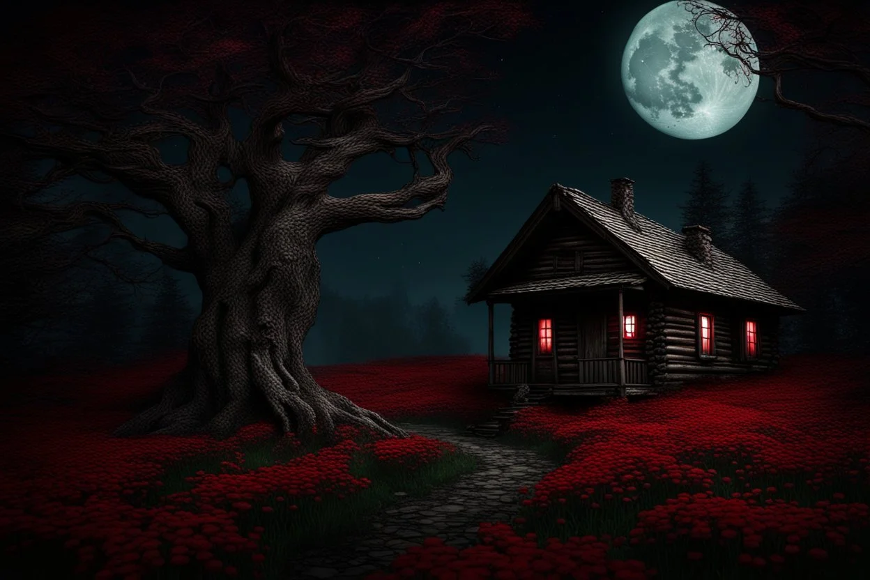 Creepy trees, creepy night, moon, cabin, red flowers, background pc