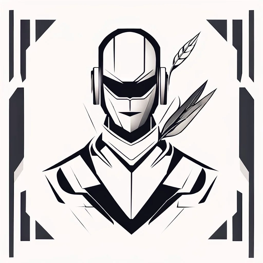 A sleek logo of a robot holding a quill featuring a modern abstract design, monochrome style, contemporary aesthetic, transparent background