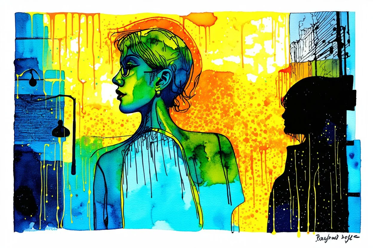 watercolor and ink, tint leaks, whimsical arafed nonsense, patchwork vibe, (((side view))) two arafed glass interlock liminal space swooshing in a sunny whimsical downtown, double negative, with extreme body action and with (((oversize head))), sharp color contrasts, amazing shadows, minimal cozy, warm palette, bright bold warm summer colors with yellow orange black colors, color leak, heavily distorted views, amazing parallels, extreme urban decay