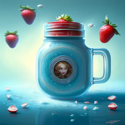 pixar style, realistic painting of a housewife and a jar full with strawberry jam, kitchen in the background volumetric turquise and blue sky, flying environment and background, volumetric lighting, dramatic lighting, detailed digital painting, extreme dense and fine, anime, ornate, colour-washed colors, elegant, small minutiae, tiny features, particulars, centered, smooth, sharp focus, renderman gofur render, 8k, uhd, detailed eyes, realistic shaded volumetric lighting, caustics, backligh