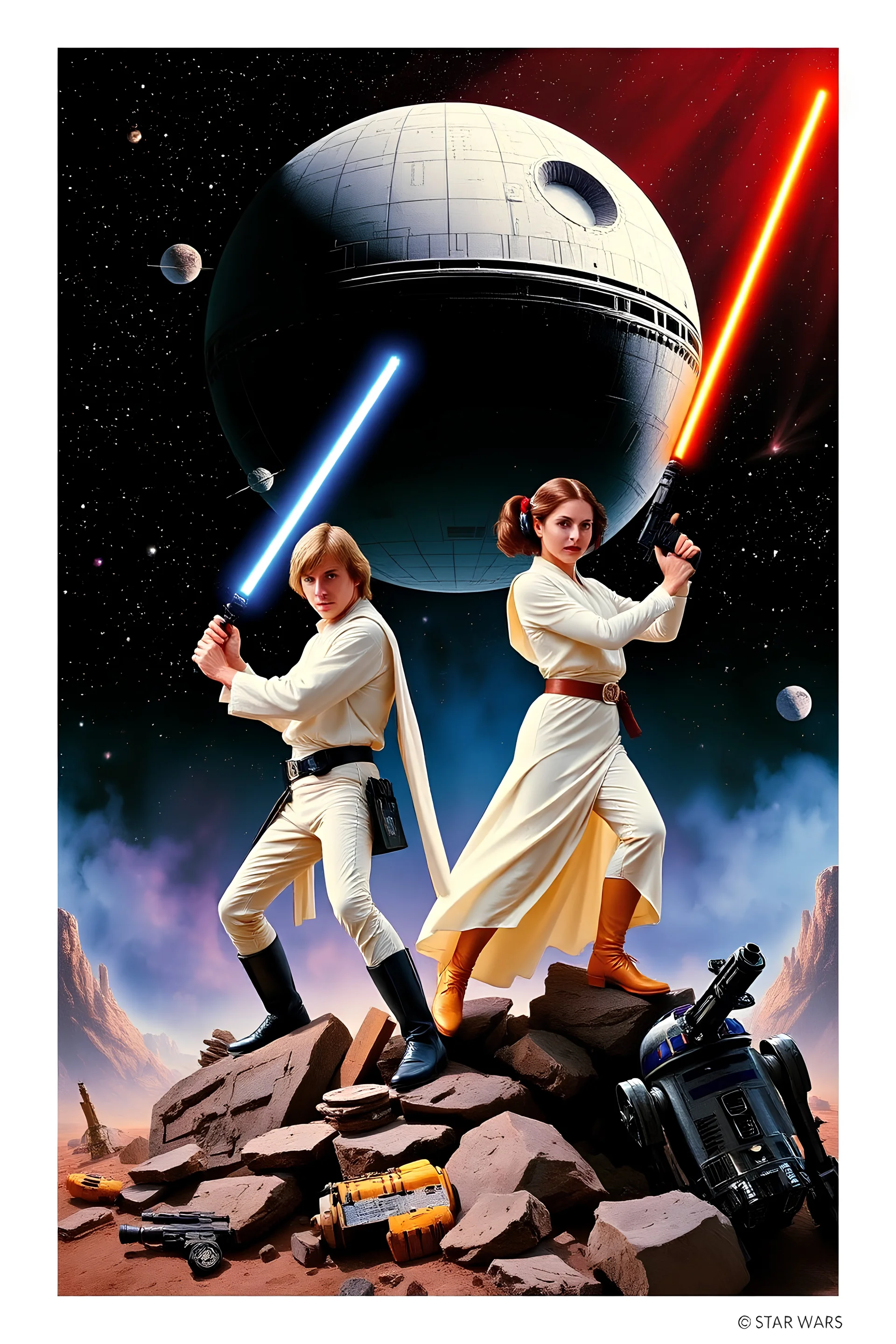 stars nebula and the Death Star large at top, in front in poses from the original star wars posters is Luke Skywalker with lightsaber and Princess Leia Organa with upward pointing raygun both in white clothing atop crumbling stone and droid parts