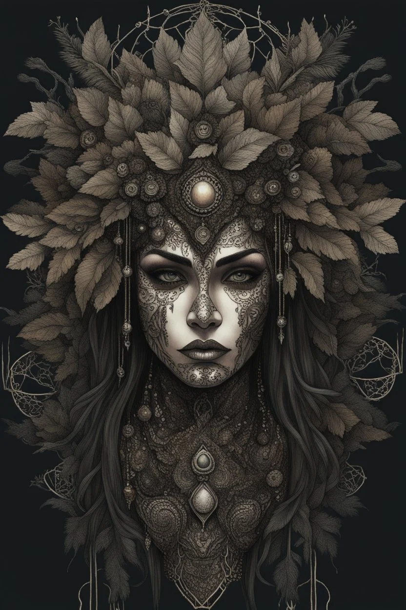 portrait vantblack pouring Acrylic an cyberpunk shaman woman extremely textured botanical-metal faced portrait with a voidcore metal gothica headdress with metallic filigree gothica ornaments around onix stones mineral stone metallic watercolour an black ink filigree silver voidcore shamanism foral ornaments plants and tree branches black ink on half face masque gothica filigree voidcore athmospheric organic bio spiral ökoart creepy stunning