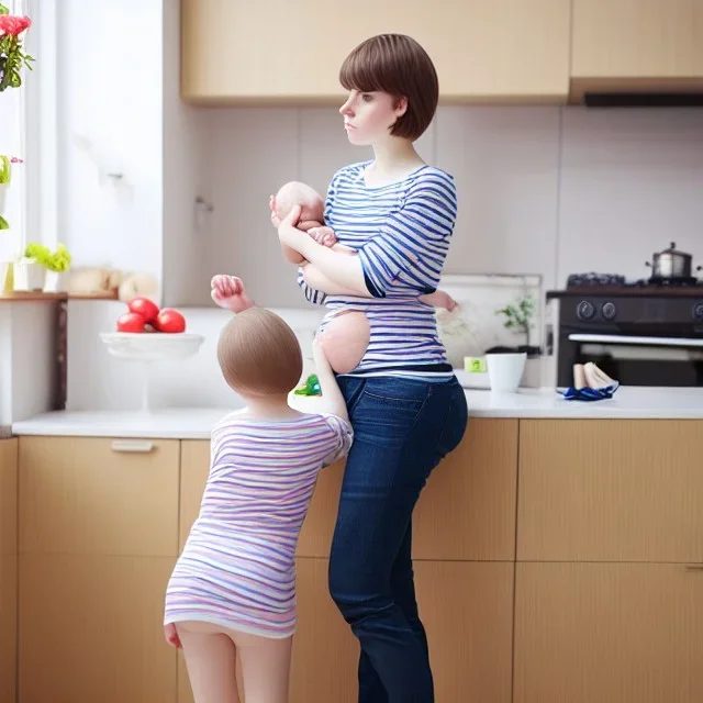 Realistic photo Russian shorthair beautiful 20-years tomboy boyish boylike young mother-in-future wide hips in kitchen