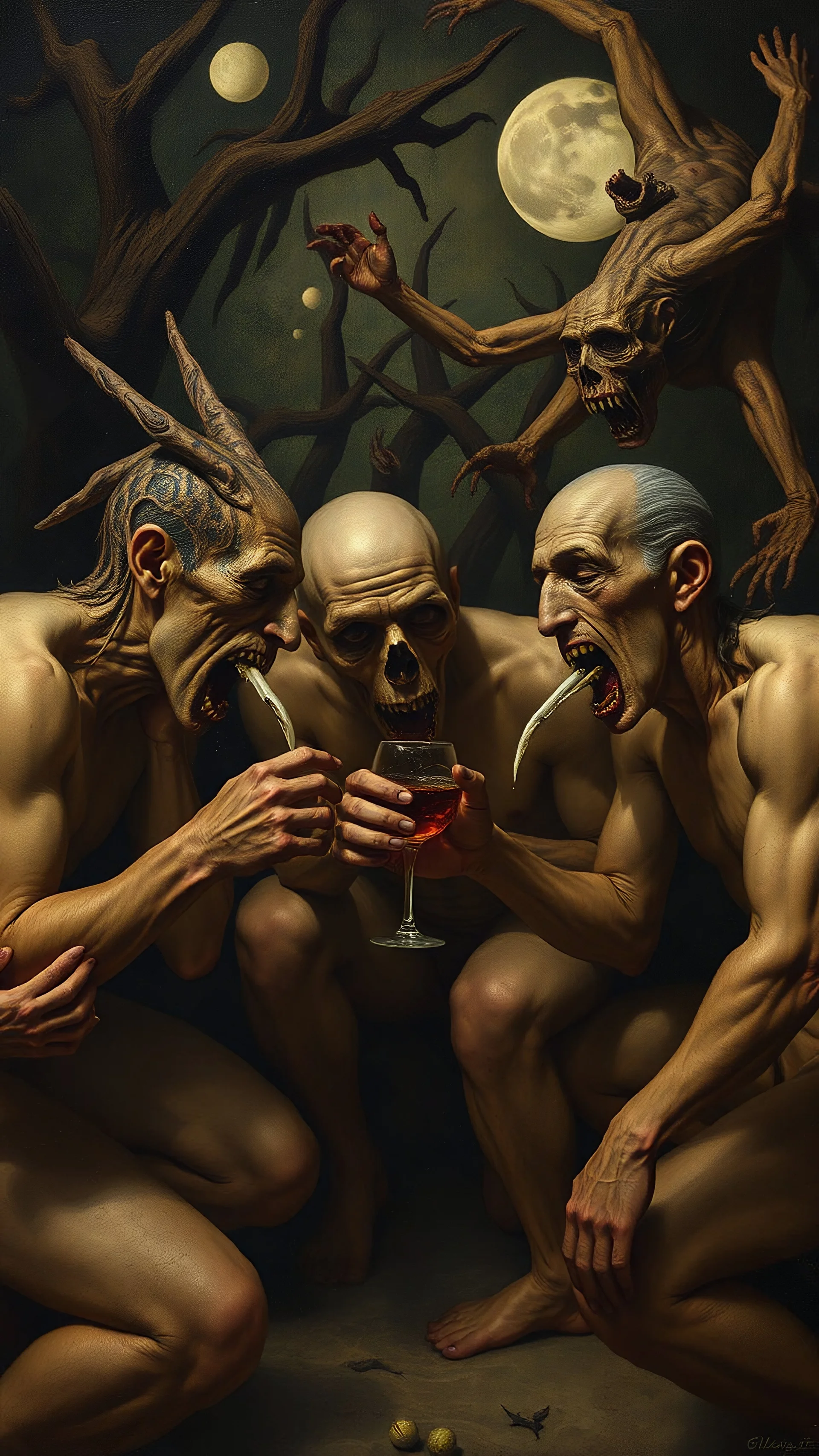 Hieronymus Bosch style nightmares men using drugs and alcohol