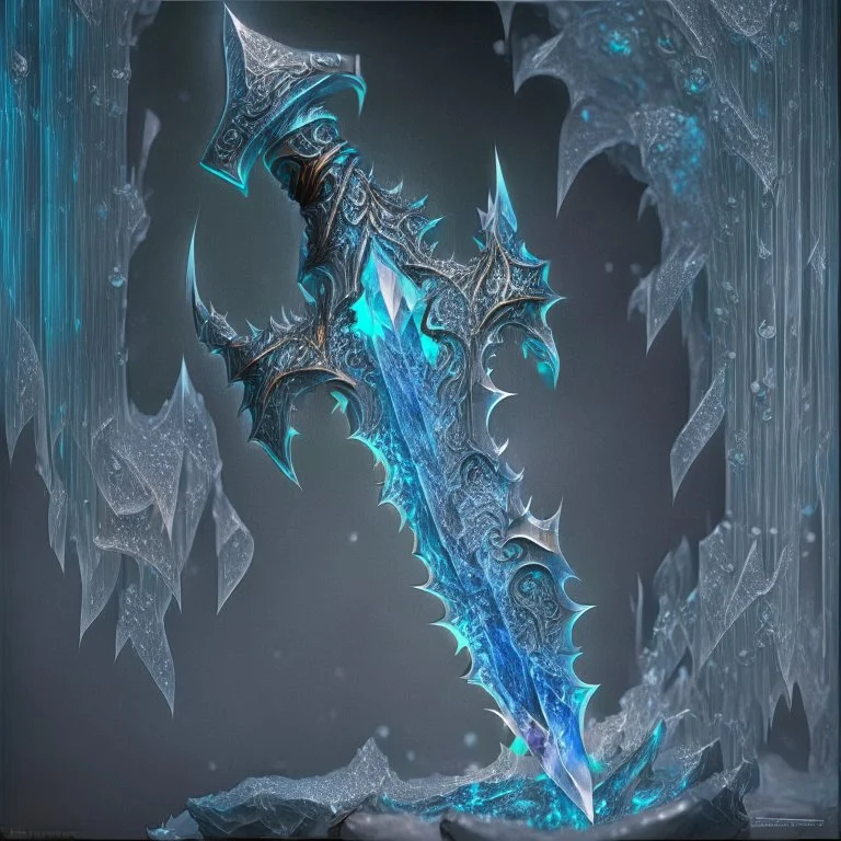 A fantasy zweihander, the blade is made up of glimmering ice, it's hilt is crafted from swirling vines, leading to a vibrant crystal at the pommel, with a black background behind it.