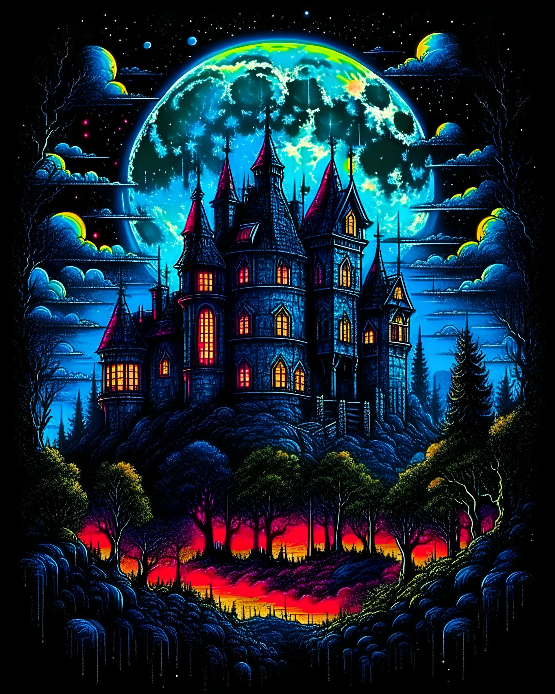 Moon, halloween night, shadowy old isometric castle surrounded by cemetery garden in the background,HDR,UHD,8K, best quality, masterpiece, Highly detailed, ultra-fine painting, Urban Pulse::2 Street Art, deconstructionism, typographic expression, vibrant colors, urban surrealism, synthwave:: t-shirt vector, center composition graphic design, plain background::2 mockup::-2 --upbeta --ar 1:1