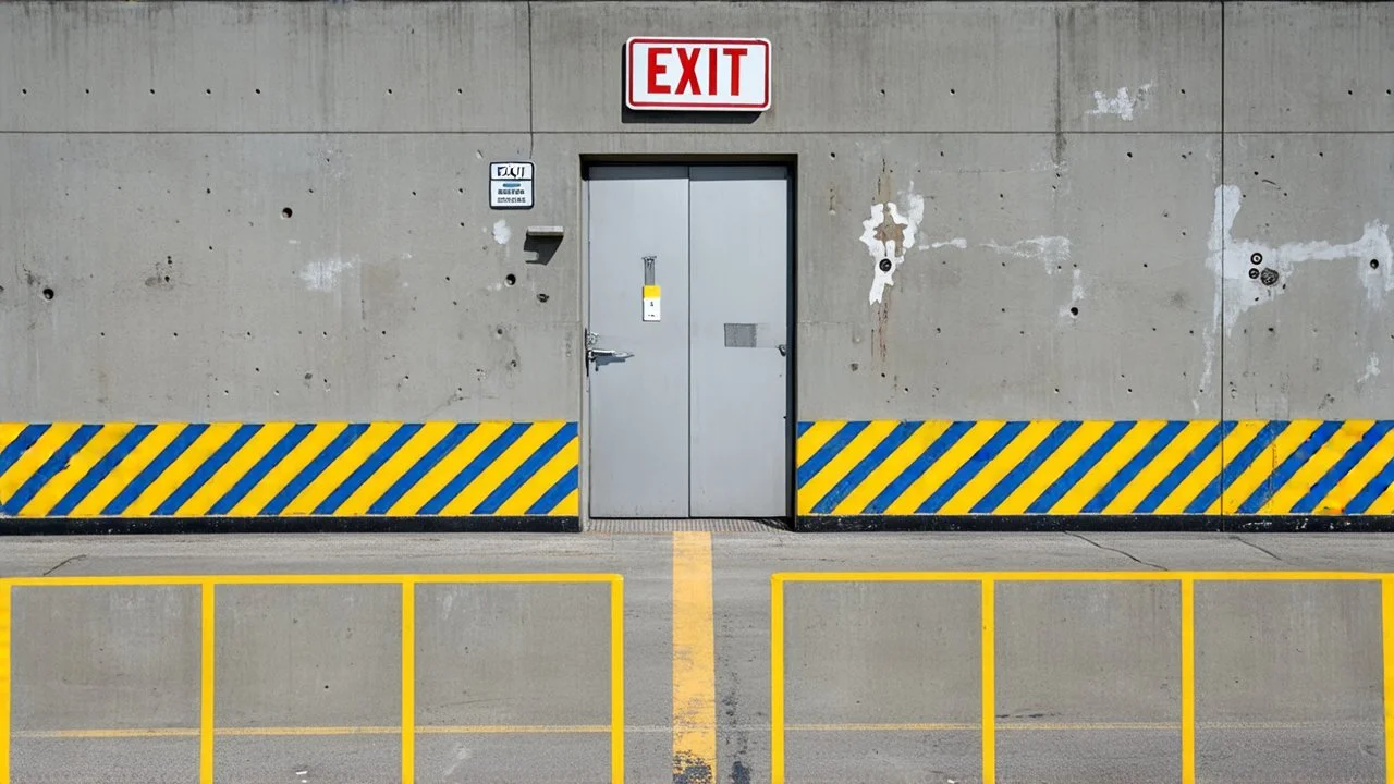 wall design for parking garage, concrete, yellow painted hazard lines, weathering and water stains, in middle is an exit doorway with small window, with a sign is above. rough painted hashmarks and parking lines, add signage found in a parking garage.