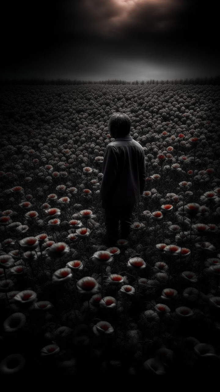 Bosch nightmares paining style Title:a field of poppies all colored in black and white, on red rose standing in the middle , 8k artistic photography, photorealistic concept art, soft natural volumetric cinematic perfect light, chiaroscuro, award-winning photograph, masterpiece, oil on canvas, Raphael, Caravaggio, Greg Rutkowski, people, beksinski, Giger