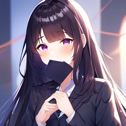 High quality, Detailed, Black long hair, Purple eyes, mouth open, blushing