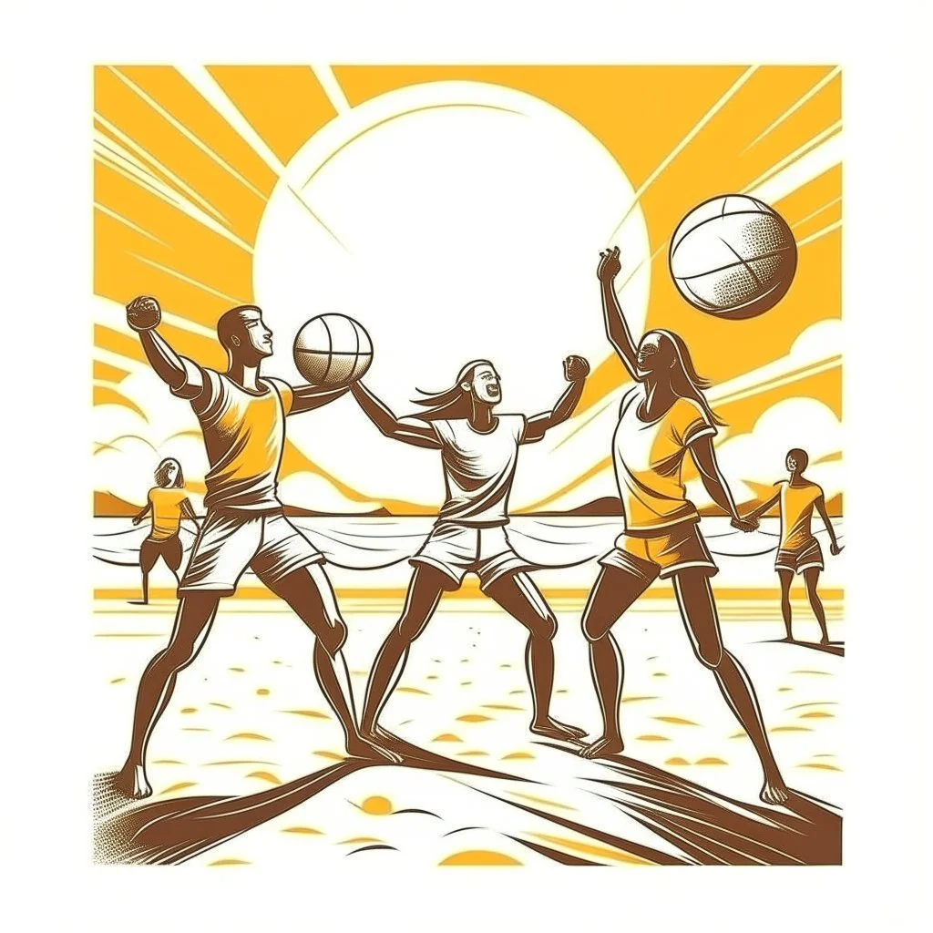 A group of friends playing beach volleyball, energetic, dynamic, midday sun lighting, T-shirt design graphic, vector, contour, white background