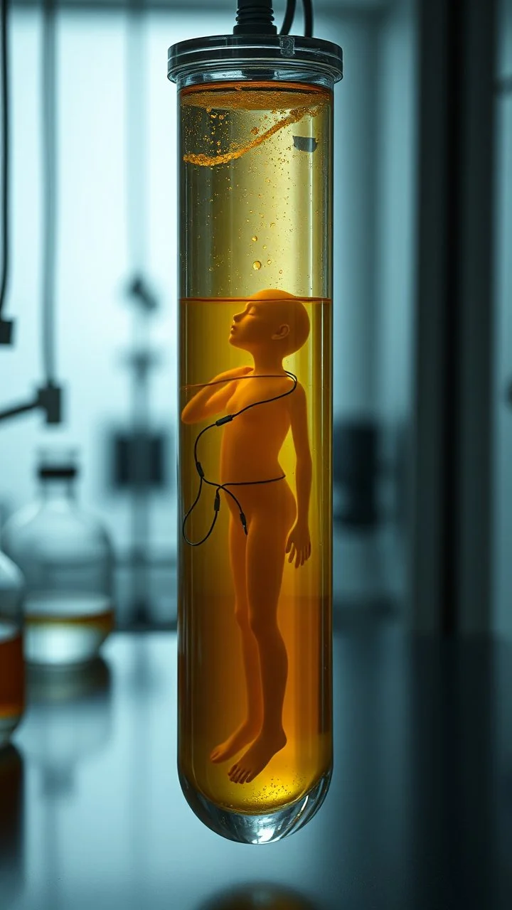 Sleeper in tube made of glass filled with honey coloured liquid in the laboratory inside it a human body connected with wires and small standing vertically , the human look like sleeping standing in side the laboratory tube