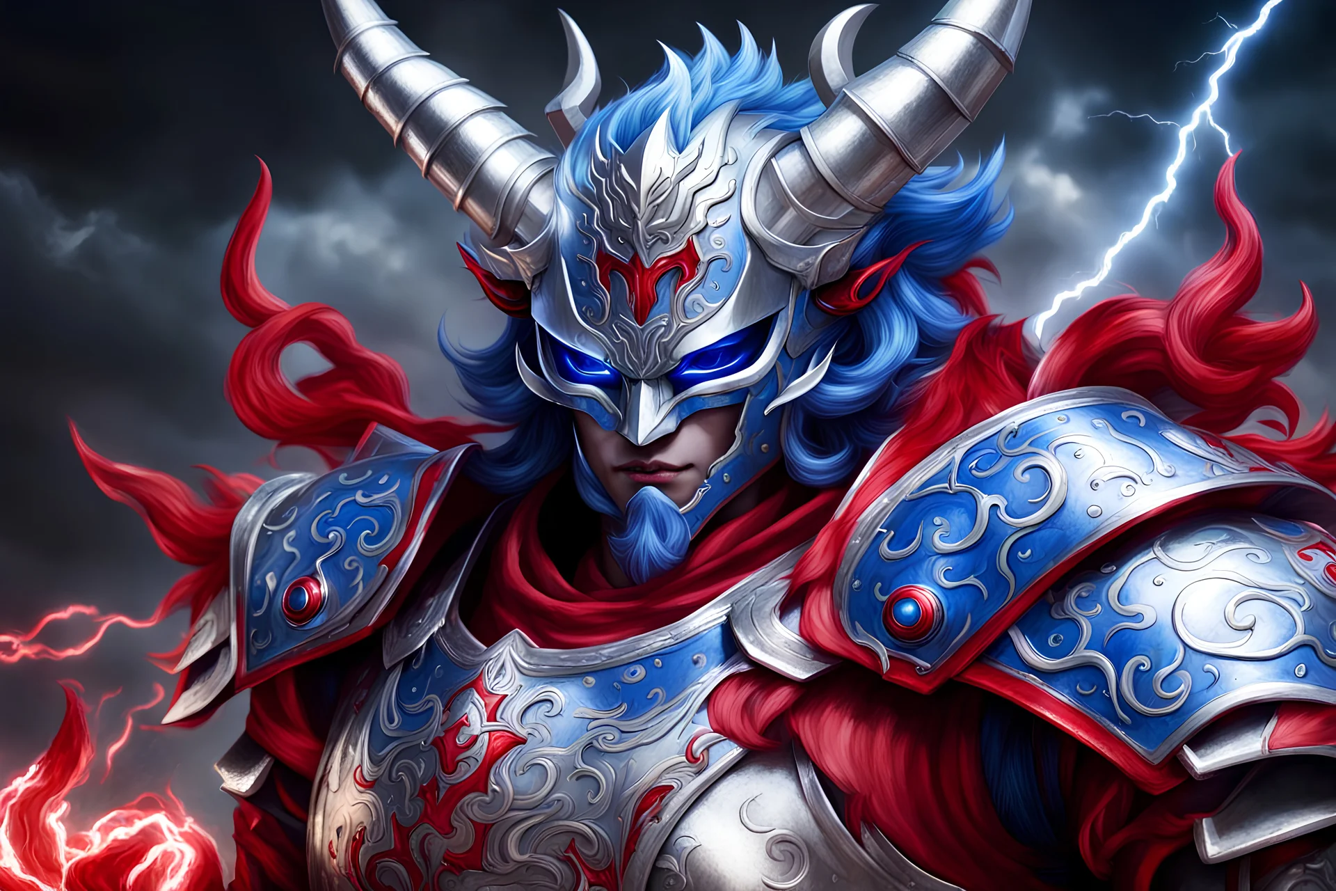 silver and crimson lightning raijin knight, blue thundering horns that sprout forwards, a silver mask that covers the lower face