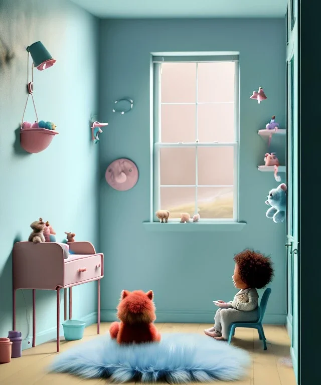 Realistic child room scene. sweet big furry monster sitting. girl from behind. Steven Spielberg style. Red hair, smile, happy, gradient color fog. highly detailed, concept art, unreal engine 5, ray tracing, RTX, lumen lighting, ultra detail, volumetric lighting, 3d, finely drawn, high definition, high resolution.