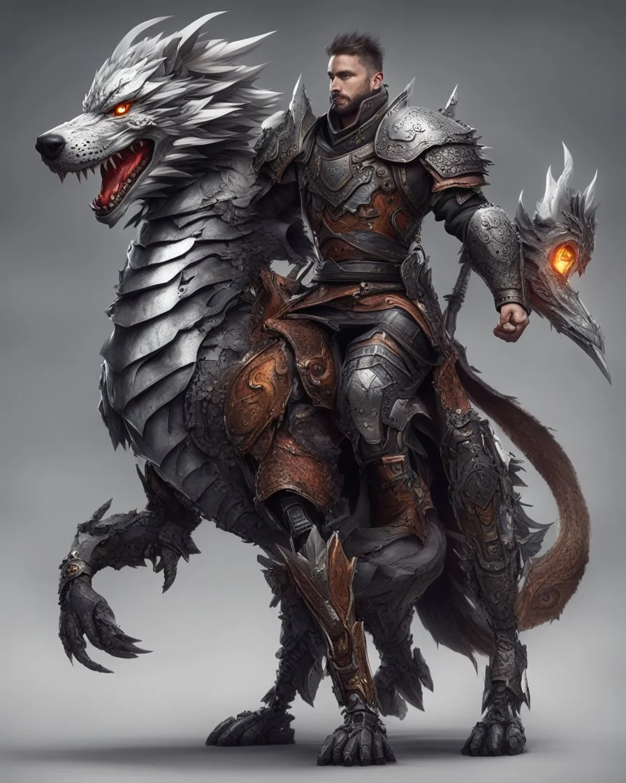 A combination of a dragon and a wolf and a commander riding on it Warrior warrior with leather and metal clothes and robotic metal