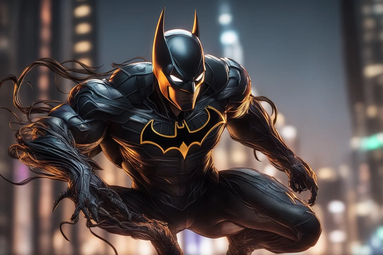 symbiote in 8k solo leveling shadow drawing style, batman model, neon lights, intricate details, highly detailed, high details, detailed portrait, masterpiece,ultra detailed, ultra quality