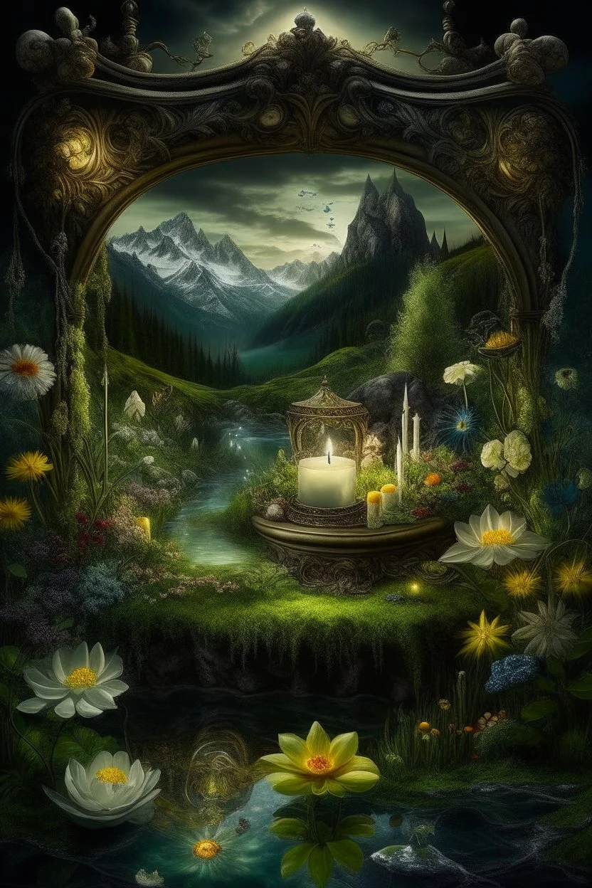 Hyperrealism against the background of a spring landscape in the forest +mirror with a tsunami whirlpool +mountains +ritual +candles+dried flowers+wildflowers+moss++decoupage of flowers+embroidery technique+braided beads+vine+moonlit night,fabulous landscape,surrealism,realism,naturalism,dot technique,microdetalization,high detail objects,digital illustration,volumetric clarity,dark fantasy,dark botanical, professional photo