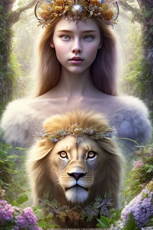 Young beautiful girl with majestic, stunning lion on nature forest path, floral crown, Chronicles of Narnia, 8k resolution, high-quality, fine-detail, iridescent, intricate, digital art, detailed matte, volumetric lighting, beautiful, illustration, 3D octane render, brian froud, howard lyon, selina french, anna dittmann, annie stokes, lisa parker, greg rutowski,