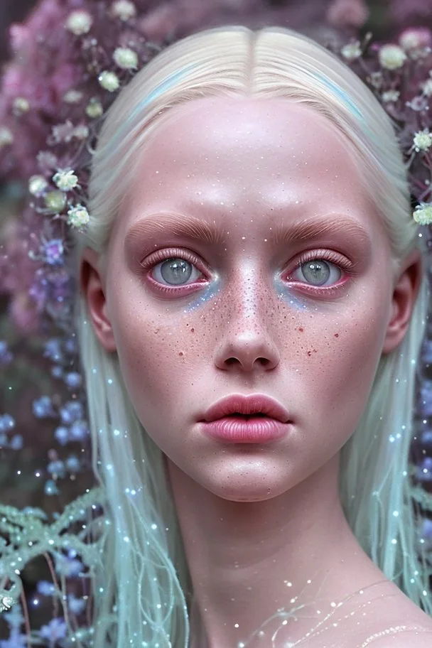 Hyperrealism cinematic film still, 8K, highly detailed and realistic. In an enchanting, pink-toned magical garden, a breathtakingly beautiful albino woman with striking blue eyes and delicate freckles on her face stands surrounded by ethereal blooms. The air shimmers with glitter and gossamer threads, while soft fairy lights cast a gentle glow. The scene is surreal and captivating, with an otherworldly ambiance that feels both magical and dreamlike.