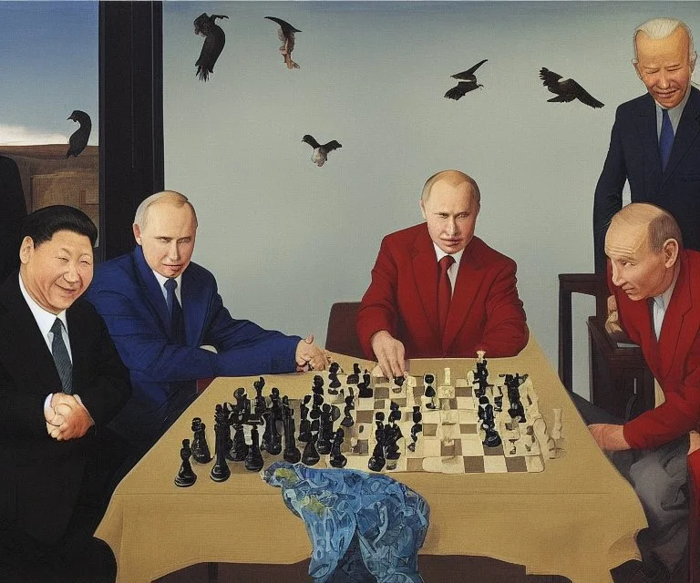 Putin, President Xi Of China And Joe Biden Play Chess With A Pigeon,Complex Surgical Instruments,A Newborn Boy,Minimalism,Painting By Lucian Freud,Rene Magritte,Adrian Ghenie,Michelangelo,Salvador Dali,Pablo Picasso