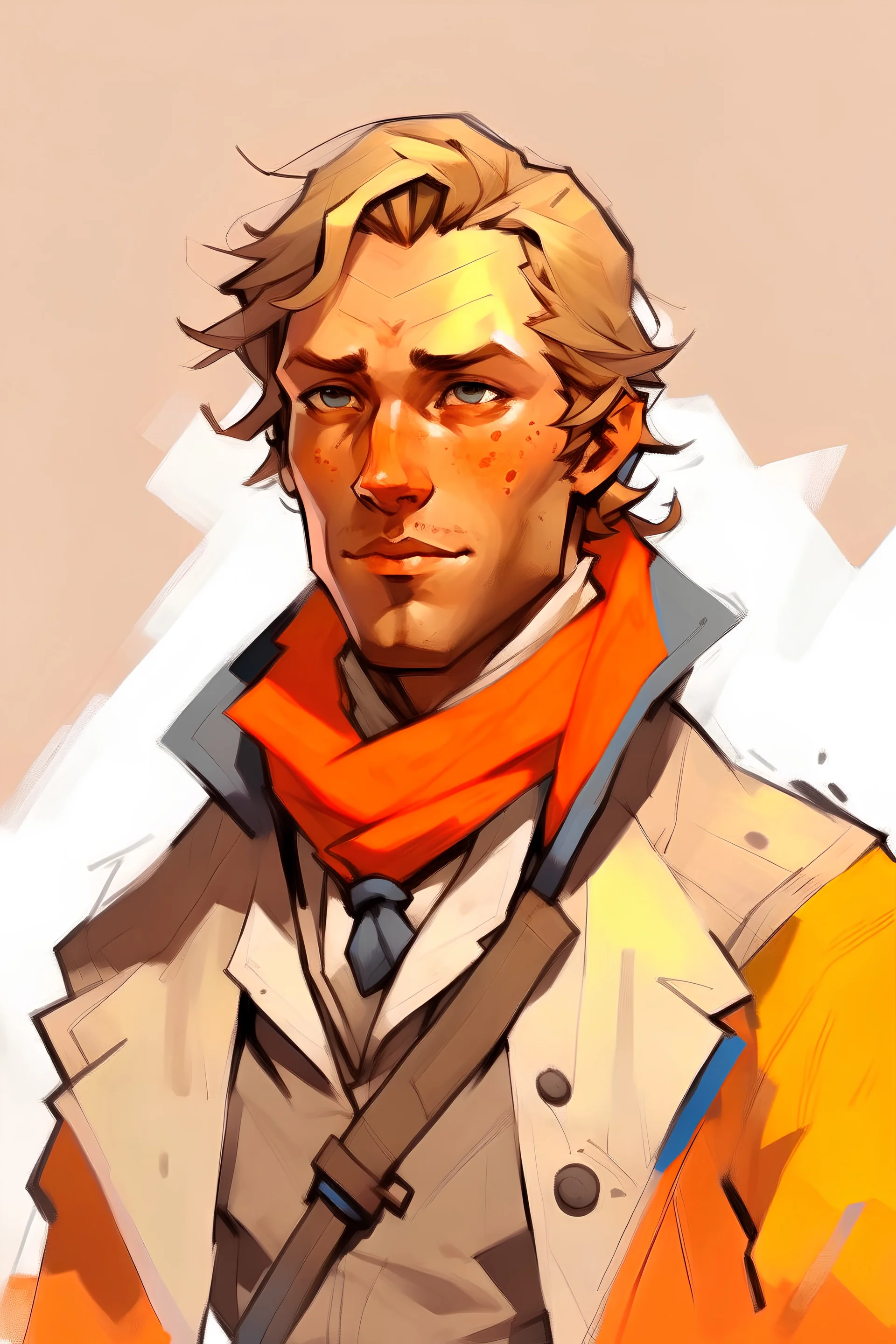 Dishonored video game art style, man in his early thirties, wavy short shaggy golden hair, blue eyes, victorian poor commoner style clothing white tunic brown vest dark brown blazer dark orange scarf, small smile, muted warm colors