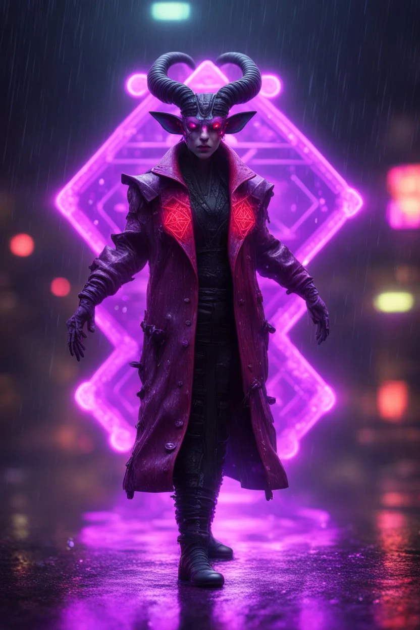 Volumetric satyr lights,paradise sacred geometry framed playing card, black, red, spore and purple neon cyber punk dancer thief in soaked rain coat shadows boss card in the style of giger and fallout 4 ,,bokeh like f/0.8, tilt-shift lens 8k, high detail, smooth render, down-light, unreal engine