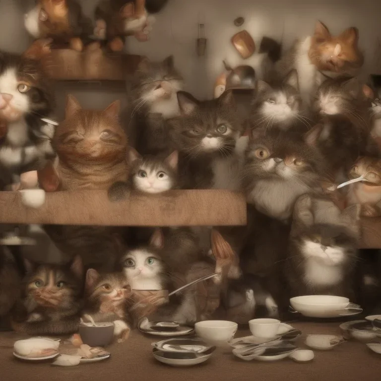 family of cats eating humans in their dinner! they all very happy and hungry, using knives and forks