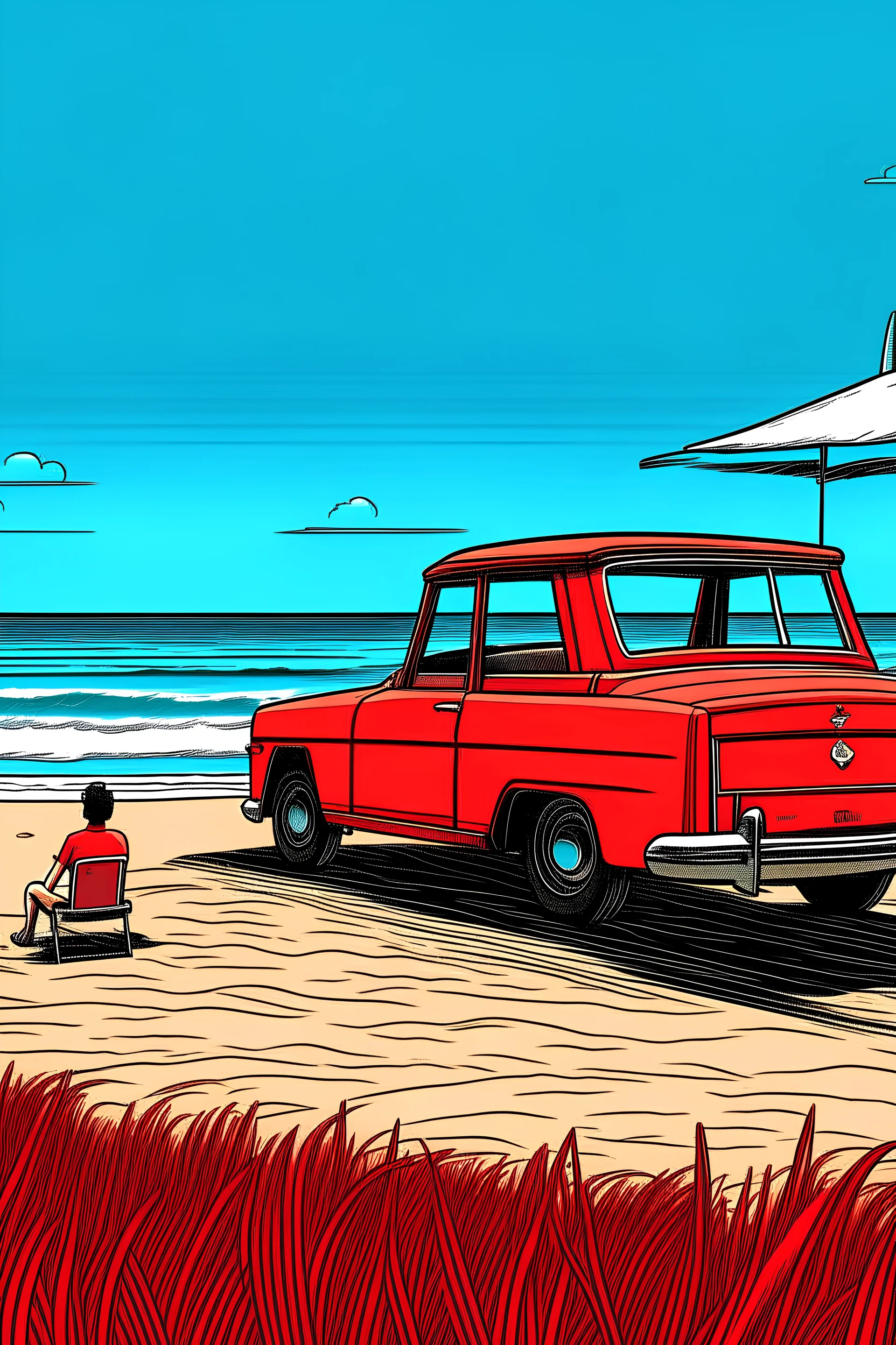 A drawing of a red car parked at a beach with a man wearing shorts relaxing on a beach chair,but no one us around and he is a loner