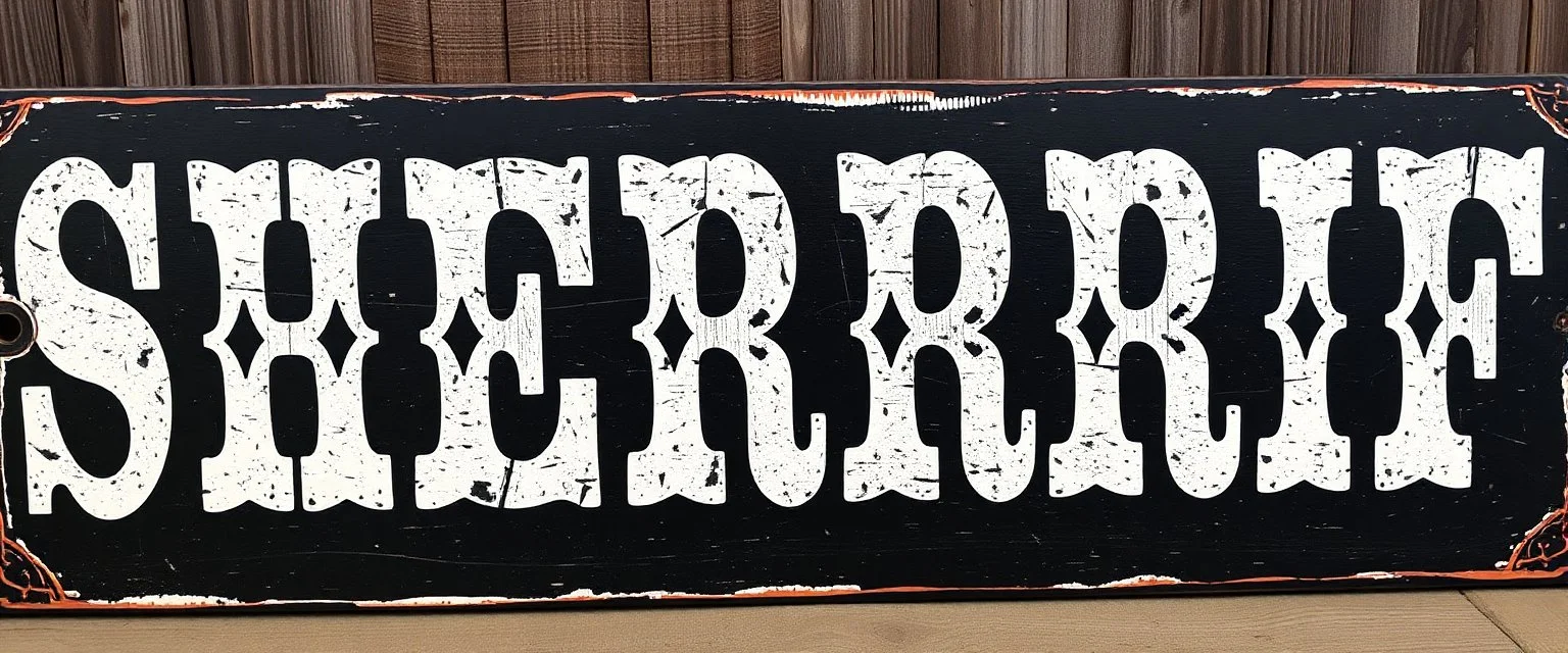 large and wide hand painted old western sign that reads: "SHERRIF" white on black with inset boarder stripe in white aged