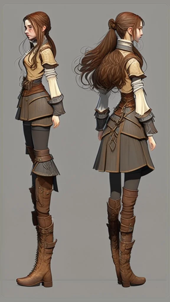 turnaround frontal view, side view and back view, character of a girl, realistic style, brown hair, she wears fantasy medieval clothes, she is slim, full body with boots