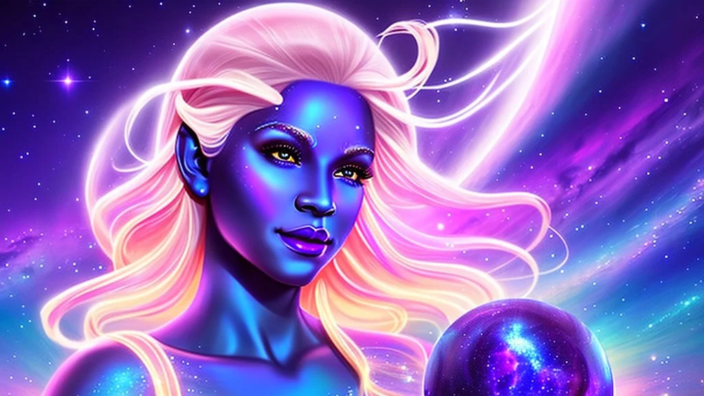 Full body portrait of a peaceful smiling gorgeous blonde Goddess of the galaxies with a blue indigo purple skin, high skul, luminous eyes in a galactic sunset