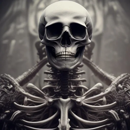 a skeleton warrior in hr giger style, red blood floating from above down the skull, steam punk, realistic, made in octane, cinematic, ultra-realistic, extremely detailed octane rendering, 8K, VRAY Super Real ar 2:3, dof photorealistic futuristic 50mm lens hard lighting dark gray tintype photograph, realistic lighting, sepia color