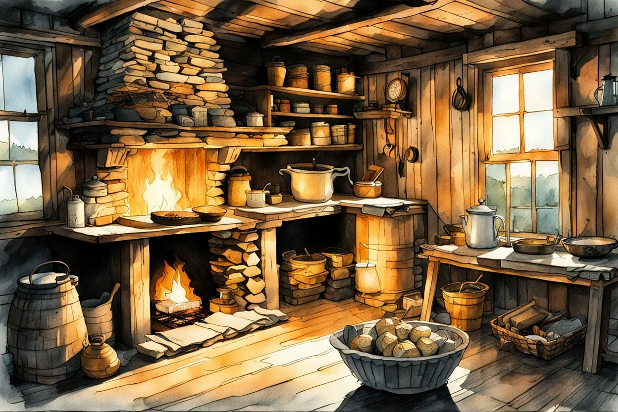 ink wash and watercolor illustration of the interior of an 18th century rough hewn New England clapboard cabin, with a dry laid stone hearth , rustic furniture , kitchen utensils, candles, oil lamps, hanging herbs , curing game meat, in the comic book style of Bill Sienkiewicz and Jean Giraud Moebius , sharp focus, natural light and shadow, rich earth tone colors