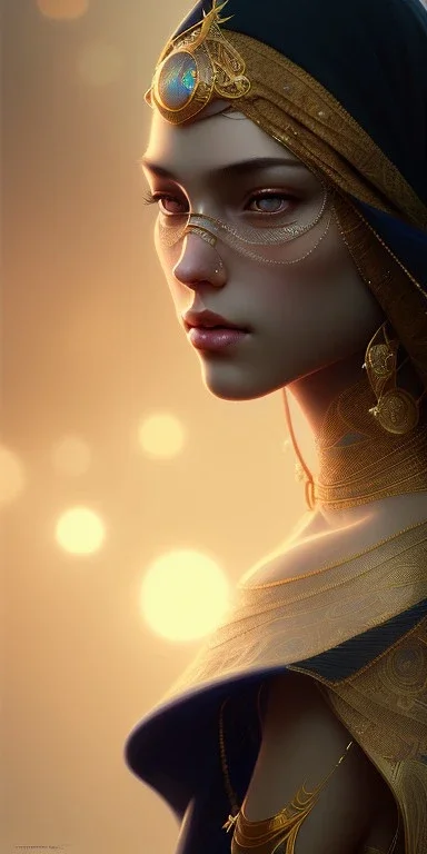 Arab princess , cute, beautiful, black eyes,Veiled, cinematic, 8k, resolution concept art portrait by Greg Rutkowski, Artgerm, WLOP, Alphonse Mucha dynamic lighting hyperdetailed intricately detailed