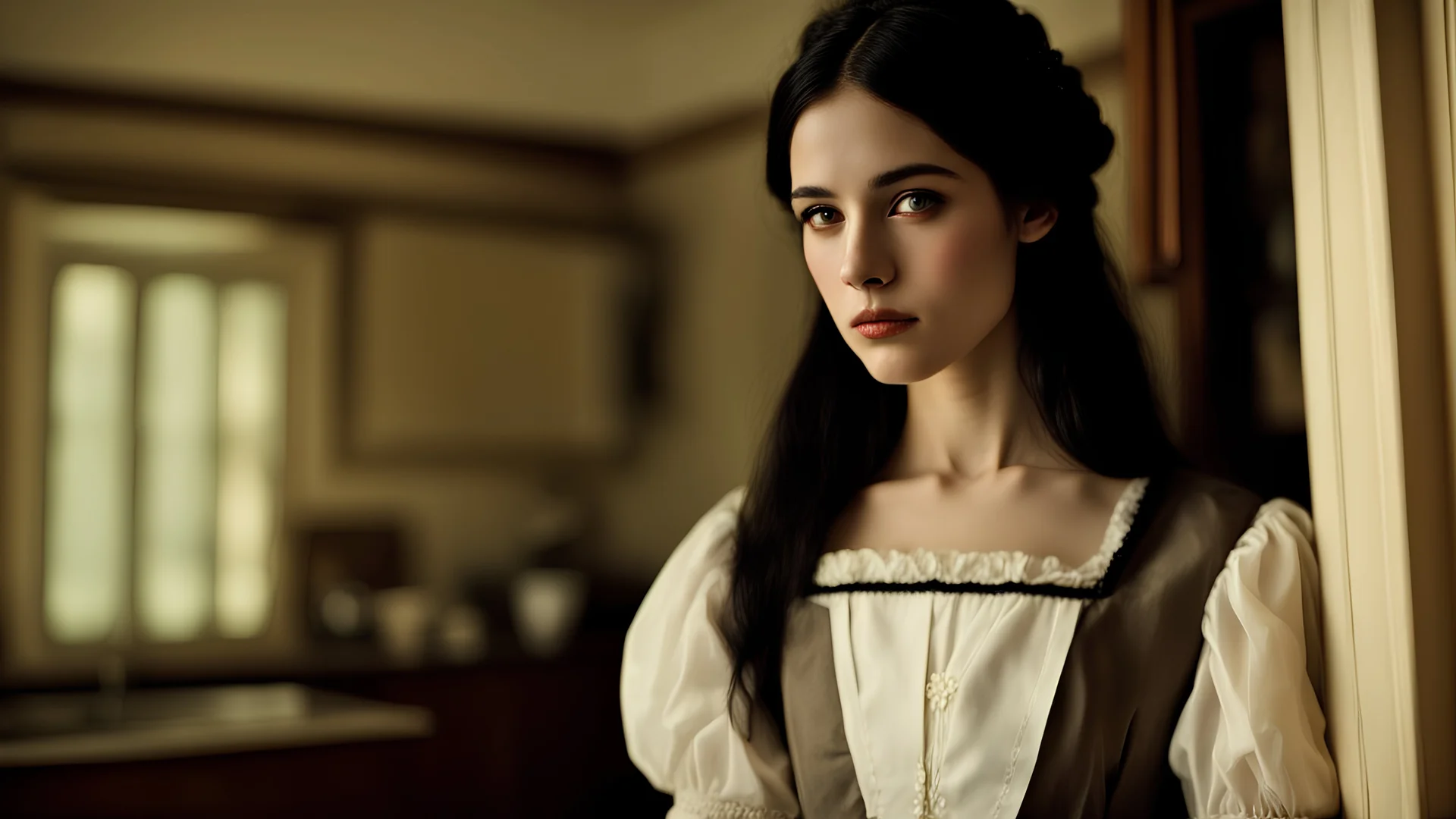 Photo is in sharp focus with high resolution during the middle of day and is a photo of a beautiful and slender caucasian 18 year old woman with long black hair. She has a small upturned nose, full lips, and dark eyes with long eyelashes. She is wearing a victorian maid's uniform. She is in the kitchen of a victorian house gazing at the viewer.