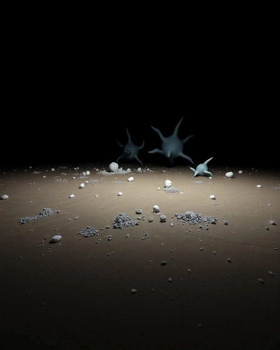 A photo of a dark, closed environment in a dark open space. There are white objects scattered around the area. The surface below is sandy, with small accumulations of rocks. In the background, very sharp forms or structures are visible, some of which are white and blue and organic in appearance. The image has a glossy finish. The aspect ratio is 85:128 and the exposure value is 6.