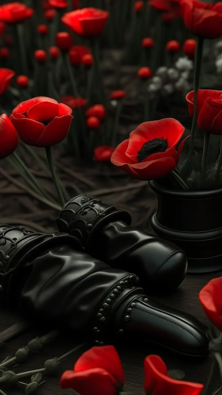 A wooden judge's gavel engraved with Tatiana's name. Next to a black pistol and two black leather gloves. Placed in a field filled with red poppies.. Dark garden background. Dark garden background cinematic.