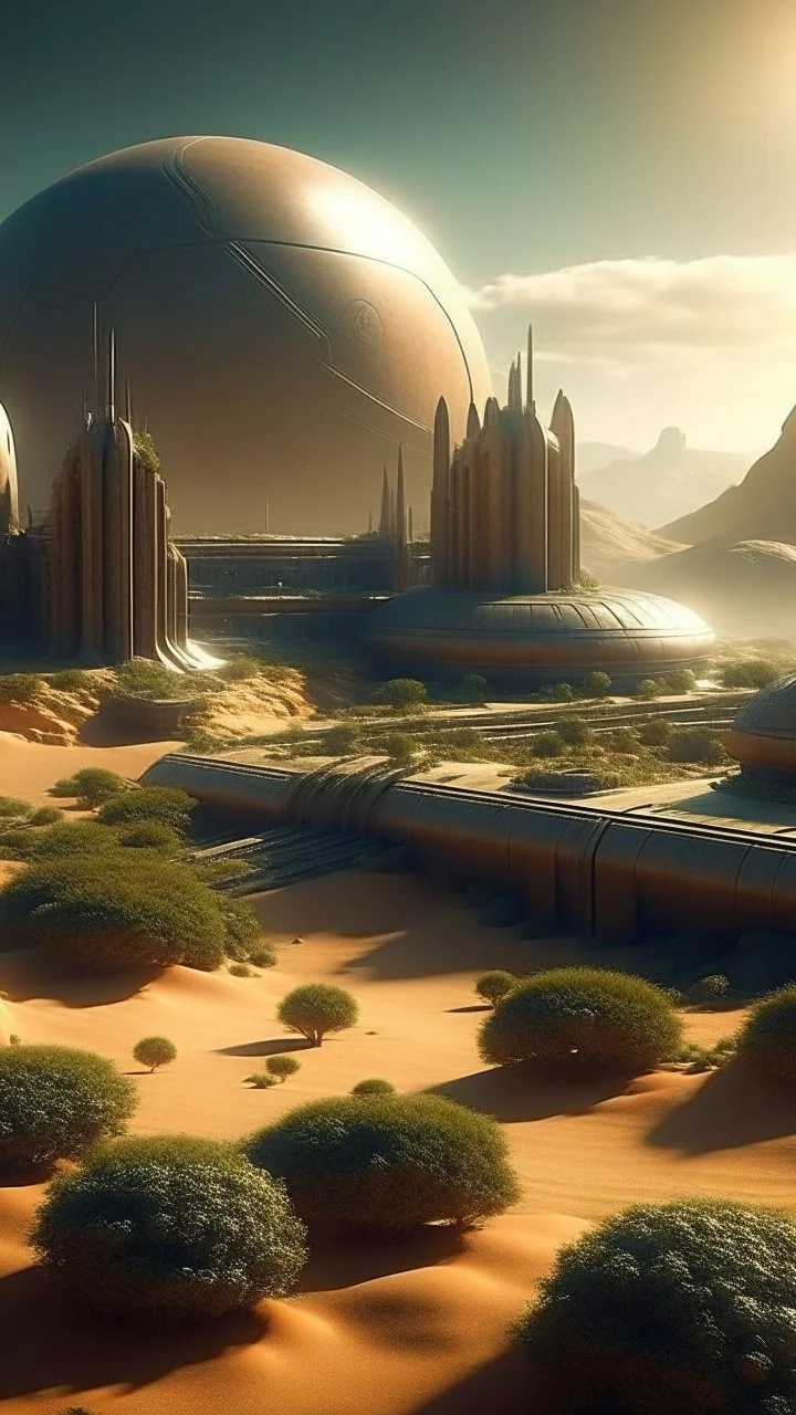 sci fi planet, dune inspired city, garden