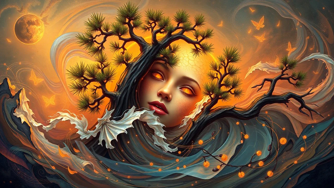 Mythpunk-style icon featuring a warm-hued face emerging from swirling water, pines twisted in whimsical forms, strands of ethereal music notes draped like phantasy garb, digital painting, vibrant palette, intricate patterns, high fantasy elements, octane rendering