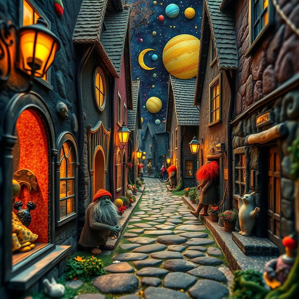 Photograph hasselblad h6d400c --ar 85:128 --v 6.0 of a fairy old bewitched street, trolls, made of felt art, tiltshift, 3d deep field, Max Ernst, galaxies and planets, needlepoint, Joan Miró, odd, abstract, expressionist style, colorful