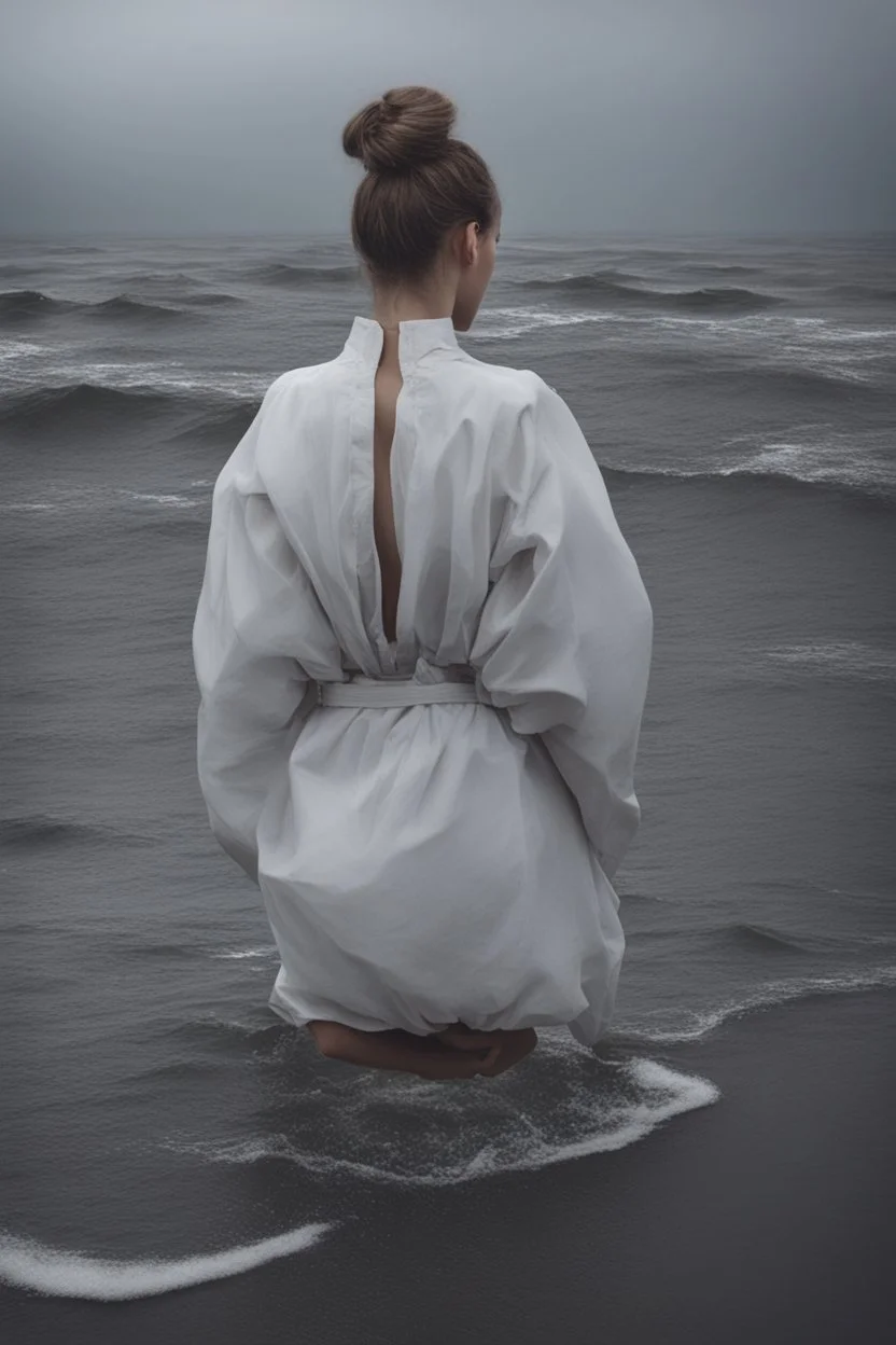 Standing in the grey-north sea with white clothes. Girl with a bun. Rains heavily.