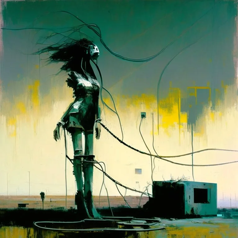 Dystopian future women with a twisted body falling with retro monitor head and handing wires. In desolate landscape low horizonline at night. With a concrete decaying blocks. Abstract oil painting in style of Justin Mortimer and Phil Hale