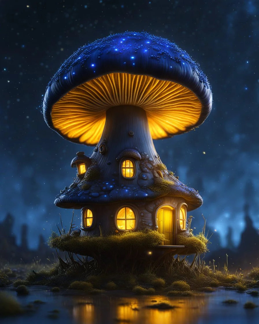 A solitary floating mushroom house on a clear night. silver and blue and yellow, Dark cosmic interstellar. Detailed Matte Painting, deep color, fantastical, intricate detail, splash screen, hyperdetailed, insane depth, concept art, 8k resolution, trending on Artstation, Unreal Engine 5, color depth, backlit, splash art, dramatic, High Quality Whimsical Fun Imaginative Bubbly, perfect composition