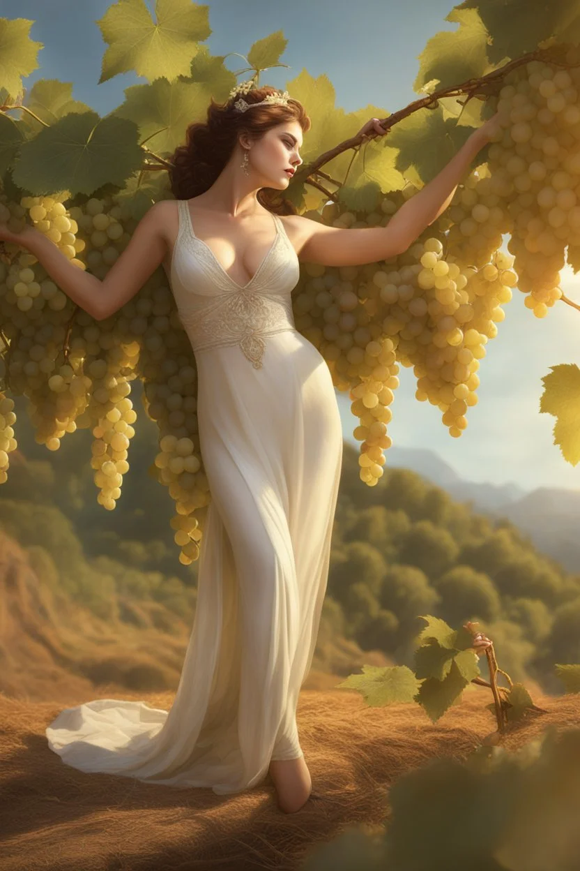 Curve 35 Years Old Woman Picking Grapes In Vineyard,Sun Light, Shiny Simple White Costumei, Perfect Legs, Tom Bagshaw, Frank Frazetta,Detailed Face Hyperdetailed By Alphonse Mucha, Baroque, Romanticism, Depth Of Field, Digital Illustration, Unreal Engine 5, Expansive, IMAX, Metal Reflections, White Sunlight, Bokeh