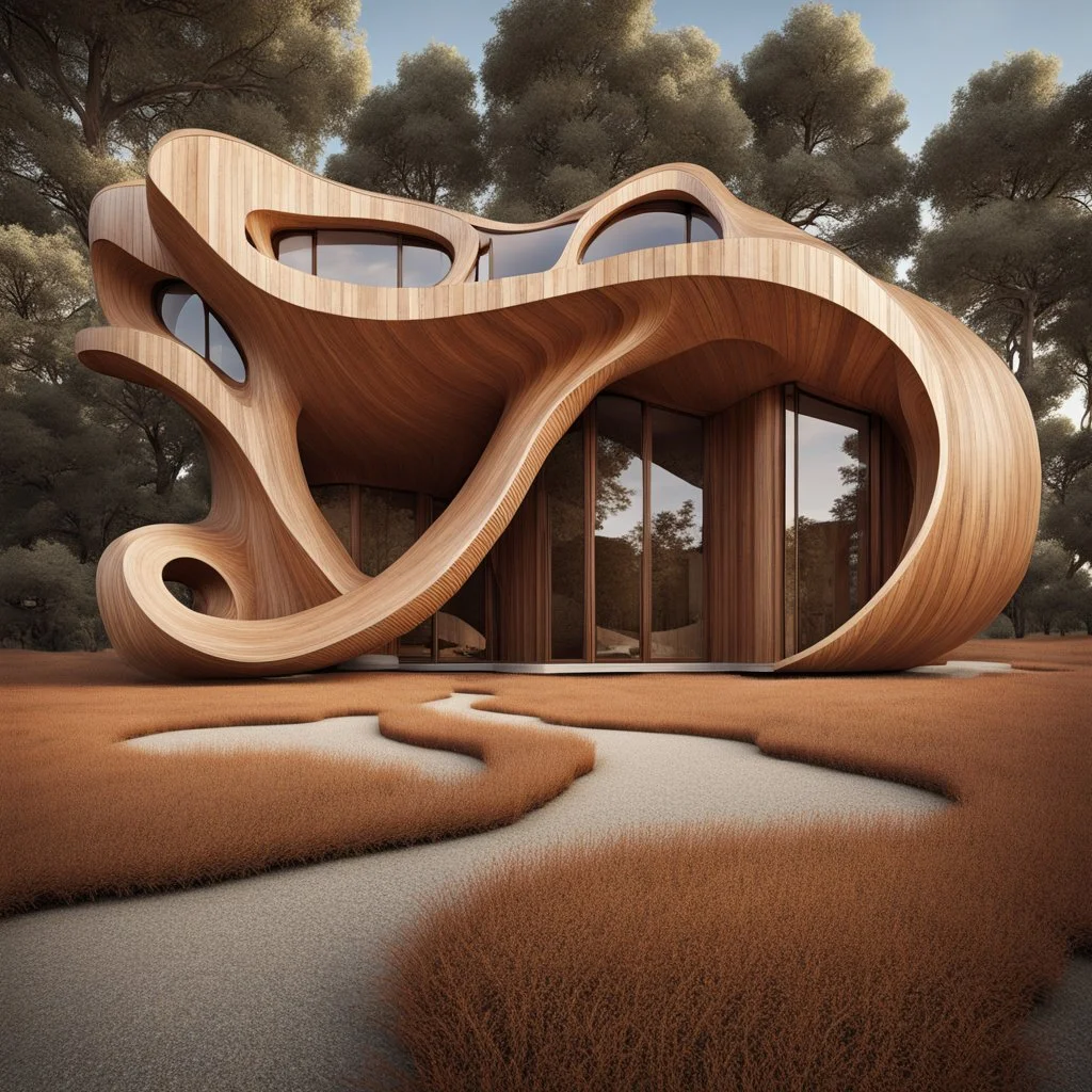 Abstract country house roughly shaped like an octopus, reticulated wood textures, by Victor Enrich, photorealistic, dramatic stunning Biomorphic anatomical architecture, Fibonacci sequence, 3D Octane Render, reflective glass, abstract surrealism, rich imperial colors, natural lighting.